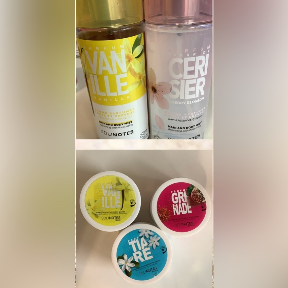 Solinotes Bundle of 5 Hair & Body Mist 2 Bottles & 3 Body Balms. New